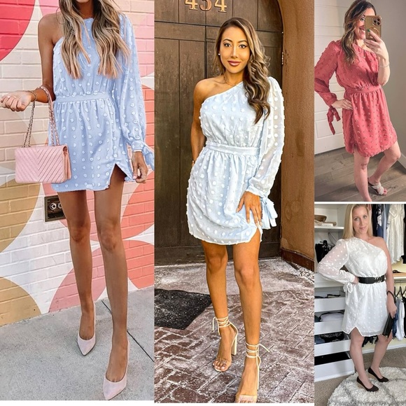 Women One Shoulder Long Sleeve Casual Summer Dresses 2024 Spring Swiss Dot M - Picture 17 of 17